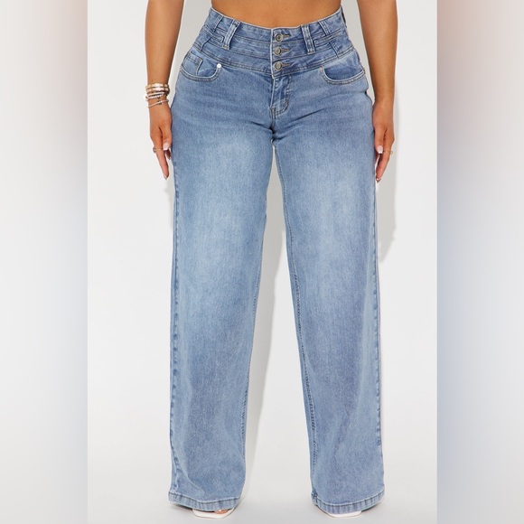 ❥𝖥𝖠𝖲𝖧𝖨𝖮𝖭𝗡𝗢𝗩𝗔: Dark Paradise Denim Corset Waist Wide Leg Jeans - Medium Wash - Picture 2 of 7